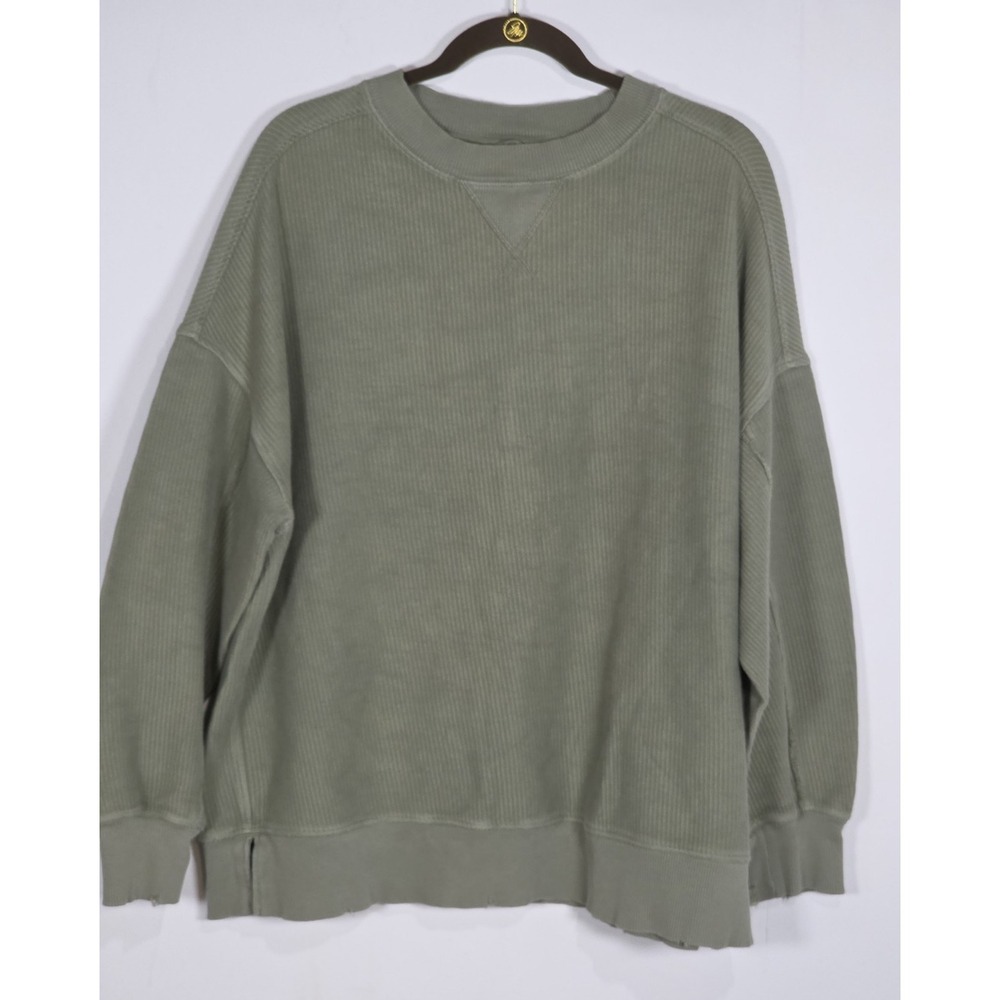 Aerie Womens Medium Green Oversized Long Sleeve Waffle Knit Pullover Sweatshirt